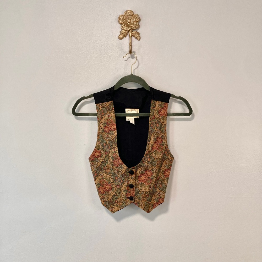 Vintage Y2K Yukiko Floral Tapestry Jacquard Vest Cropped Whimsigoth Waistcoat M